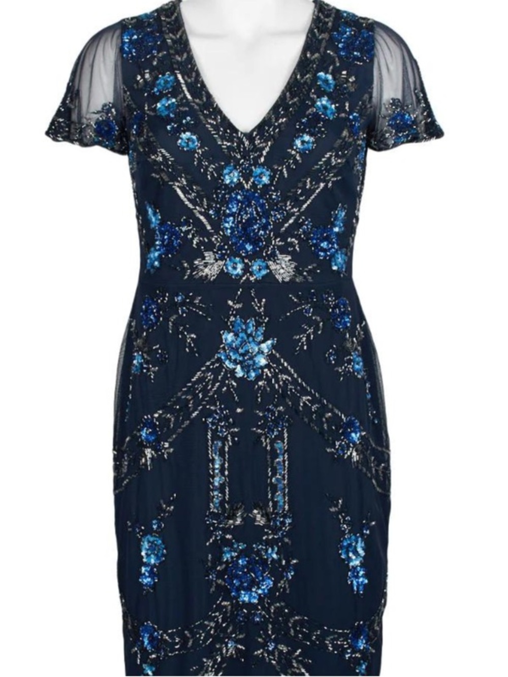 Aidan Mattox Navy Blue Sequin Floral V-Neck Midi Dress